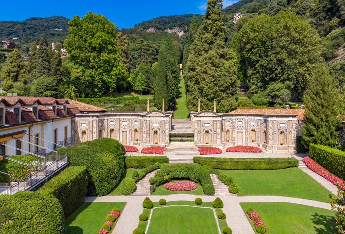 Hotel gardens with mountains in the distance