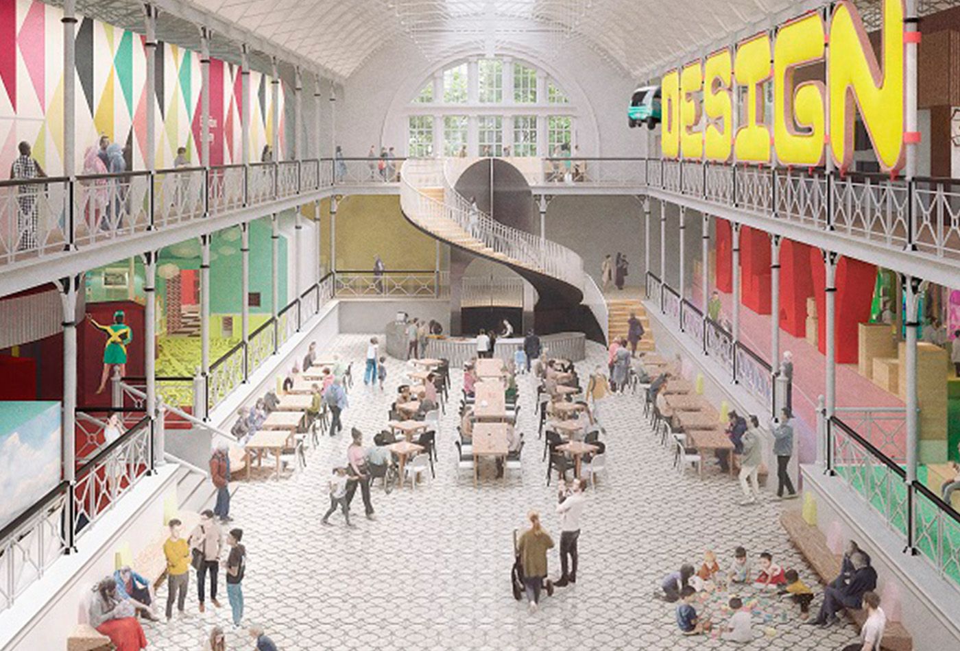 Interior shot of Young VA, colourful walls, white marble floor and balcony that reaches round the entire room