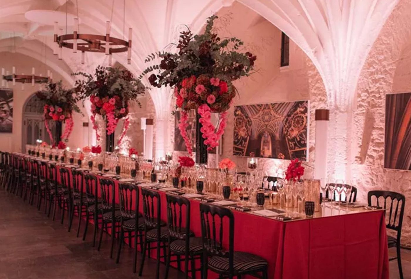 Pink floral long dining table arrangement